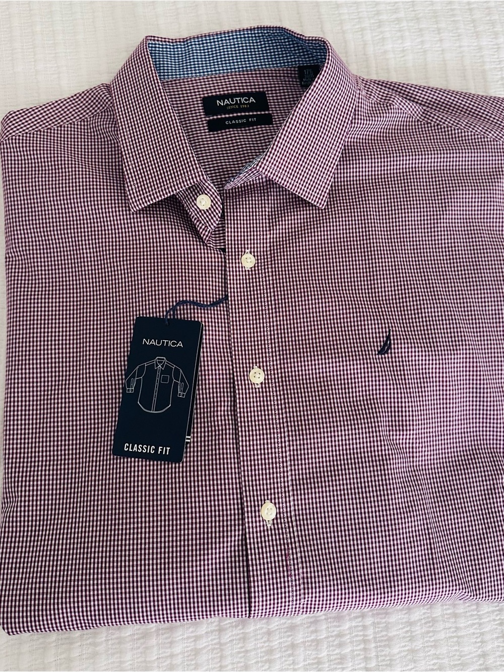 Nautica Men’s Classic Fit Burgundy and White Gingham Button-Down Shirt
